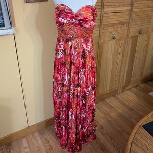 Strapless Tropical Beaded Floral Pleated Prom Party Cruise Dress EUC 11/12